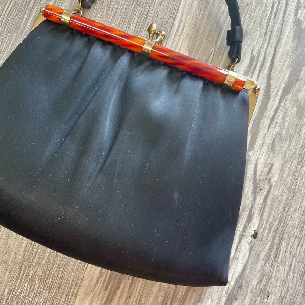 Vintage 60s Ande Black Satin Evening Bag + Tortoise Shell Style Clasp Purse - Picture 6 of 16